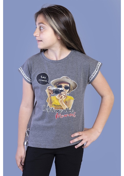 Toontoy Kids Toontoy Kız Çocuk Şerit Detaylı Baskılı Tişört Antrasit