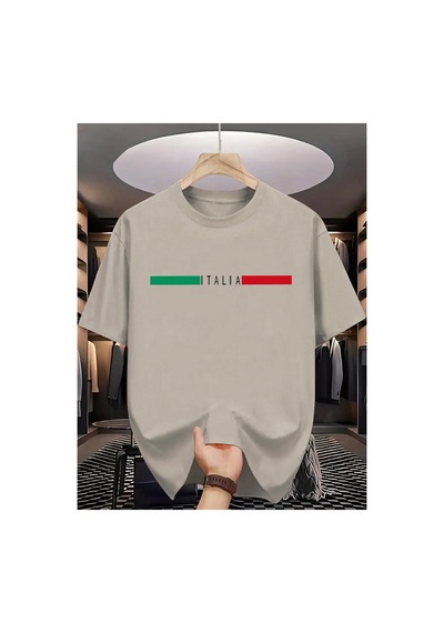 Caddemia Yaz  Moda Rahat Spor Gevşek Italıa Mektup Desen Baskılı Yuvarlak Boyun Bej 2XL