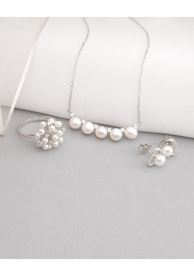 Brezza Lusso Jewelry Special Luxury Pearl Kadın Gümüş Kolye Küpe Yüzük İnci Set
