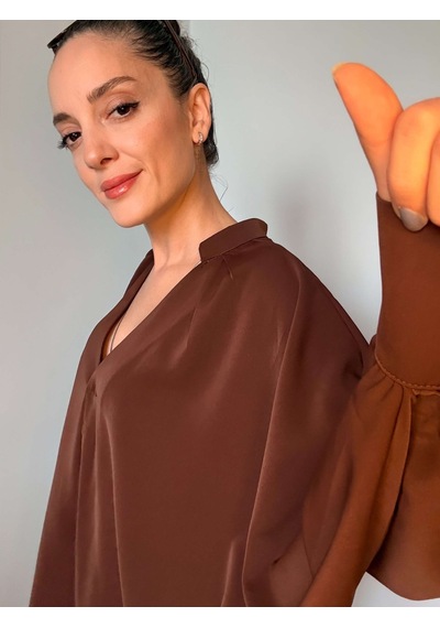 Ali Butik Kahve Yarasa Kol V Yaka Tasarım Gömlek Kahve