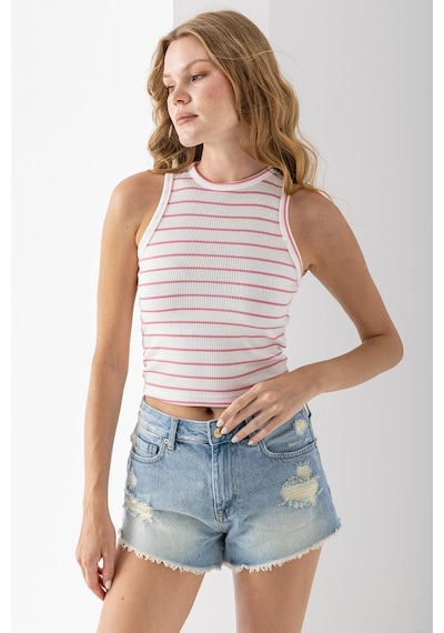 Giysa Kadın Bisiklet Yaka Kolsuz Çizgili Basic Body Pembe - 25507 Pembe