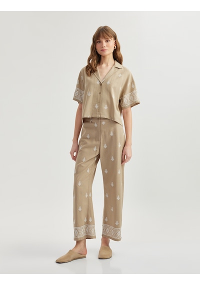 Koton Viskon Etnik Desenli İşlemeli Kısa Kollu Oversize Crop Gömlek Haki 5sak60094pw Haki