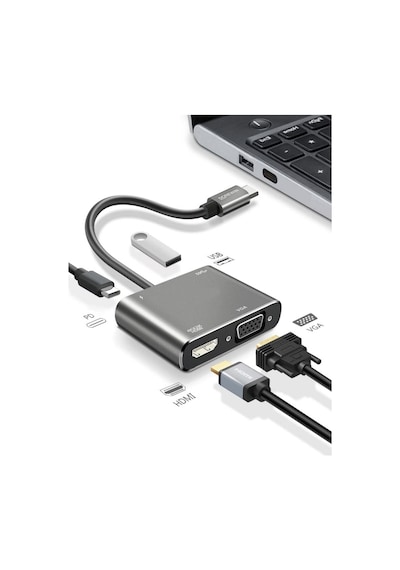 4 Ü 1 Arada Type - C To Hub Dönüştürücü Adaptör - 4k Ultra Hd Hdmı &amp Vga Görüntü Aktarımı, Pd Hızlı Şarj Destekli, Usb Çoklayıcı