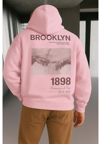 Benroma 3 İplik Penye Brooklyn Baskılı Sweatshırt Pembe