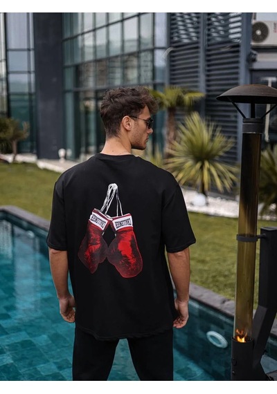 Assema Erkek Bisiklet Yaka Baskılı Oversize T-shirt - Siyah Çok Renkli