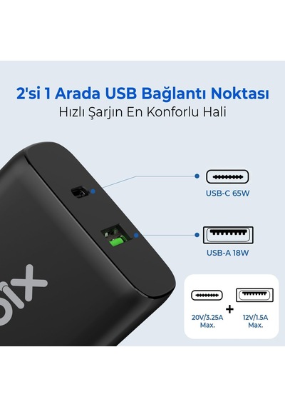 Ayrex Bx2p65g Gan Pd 65w Type-c Ve Usb-a Qc 18w Çift Portlu Akım Korumalı Hızlı Şarj Cihazı Siyah