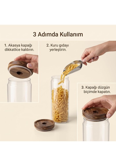 Tr Akasya Kapaklı Yuvarlak Borosilikat Cam Kavanoz 1250 Ml, 9 25 Cm, Orta Delikli Ahşap Kapak, Şeffaf Makarna Bakl Diğer