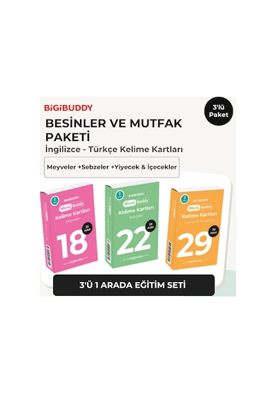 Bigibuddy WordsBuddy Türkçe İngilizce Kelime Kartları Besinler ve Mutfak 90 Kart 3’lü Set (BigiOne Cihaz Hariç)