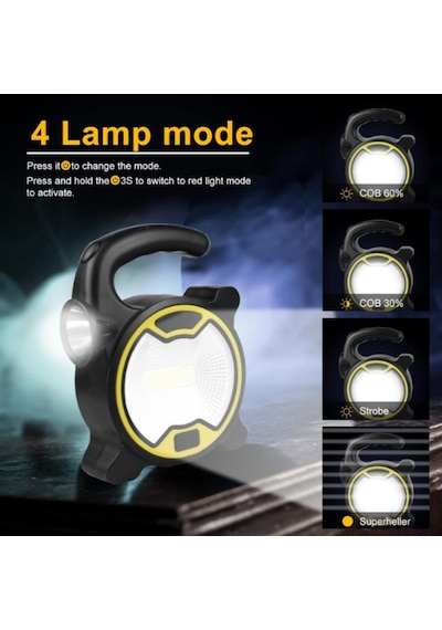 Taşınabilir Pilli Mini Kamp Feneri Cob Led Işıldak Ve Çadır Lambası Siyah