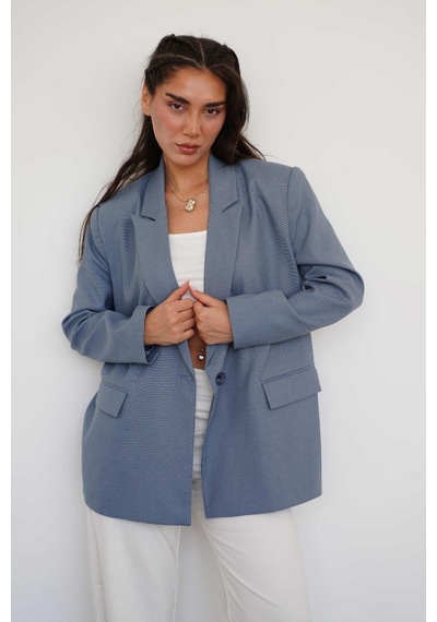 Madmext İndigo Oversize Blazer Kadın Ceket Mg2445 Indıgo
