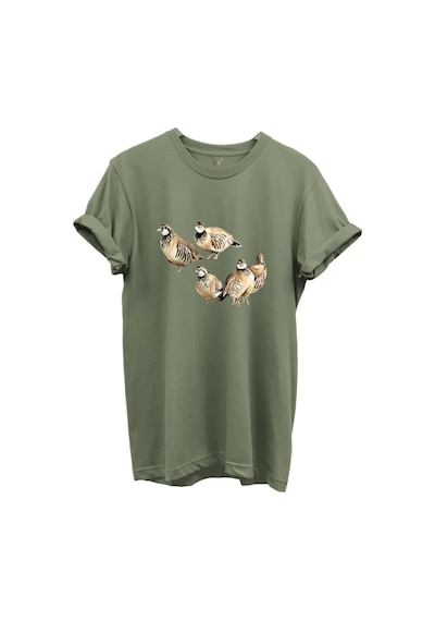 Beşli Keklik Baskılı Doğa Ve Av Temalı %100 Pamuk Regular Fit Unisex T-shirt Haki