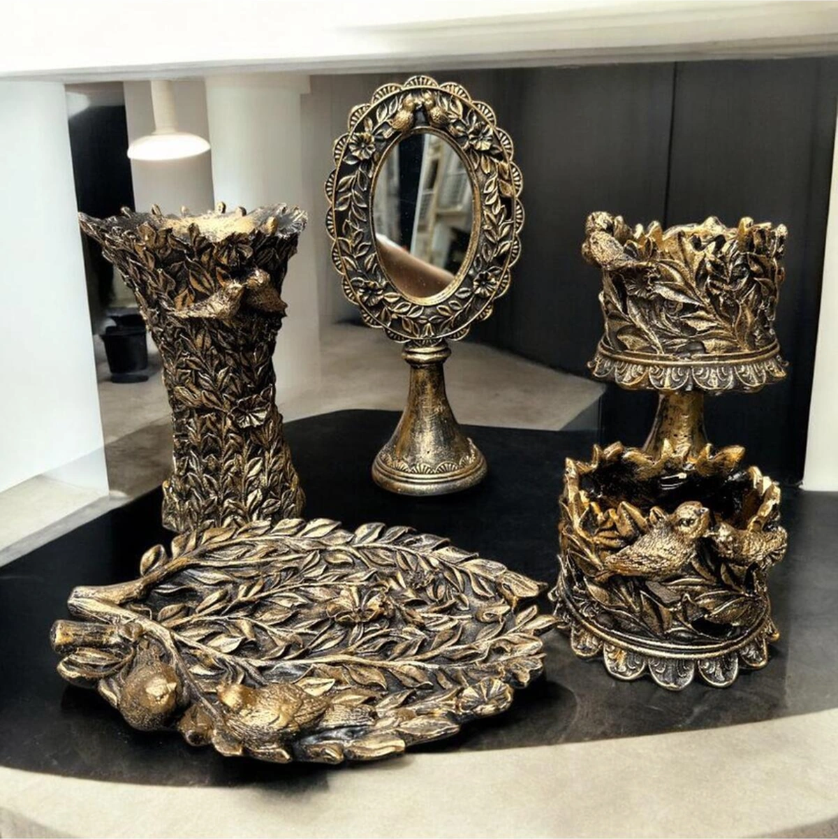 Dekoratif Polyester Kuşlu Beşli Salon Konsol Seti Gold Eskitme