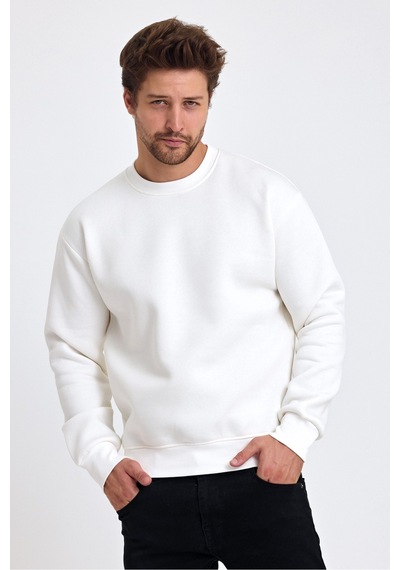 Tarz Cool Erkek Yumuşacık Kumaşlı Regular Fit Yuvarlak Yakalı Sweatshirt Beyaz