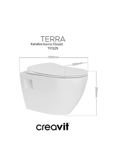 Creavit Terra Rim-off Kanalsız Asma Klozet Tp329.00 + Duck Tp Yavaş Kapanan Kapak 2'li Set Beyaz