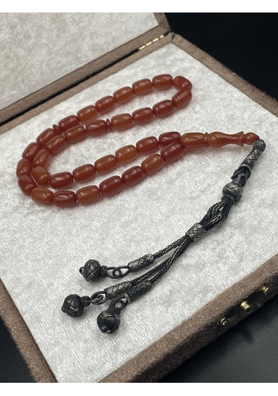 1000 Ayar Trabzon Kazaz Püsküllü Sıkma Kehribar Tespih 8x11 Mm Gümüş