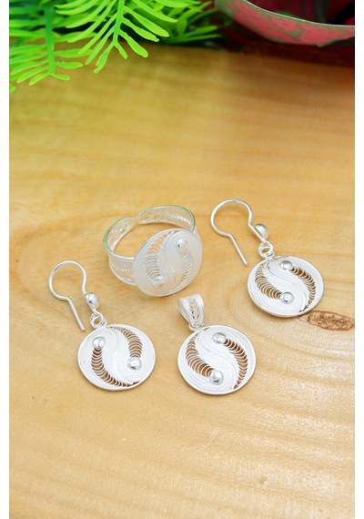 Midyat Nurtaş Gümüş Ying Yang Model Kadın 925 Ayar Gümüş Telkari Üçlü Set 201022198