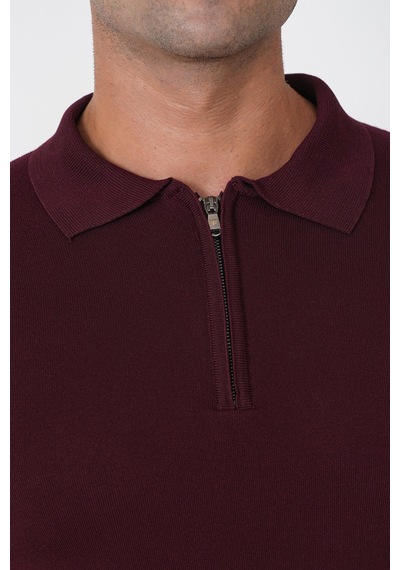 Slim Fit Esnek Pamuklu Fermuarlı Polo Yaka Bordo Triko Tr 902