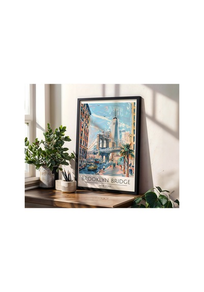 Brooklyn Bridge New York Travel Poster Ahşap Çerçeveli Dekoratif Duvar Tablosu Siyah