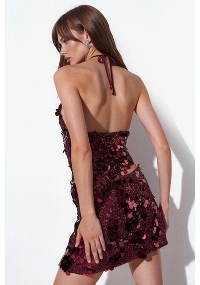 Hiccup Busem Pullu Halter Crop Üst Bordo - Kırmızı