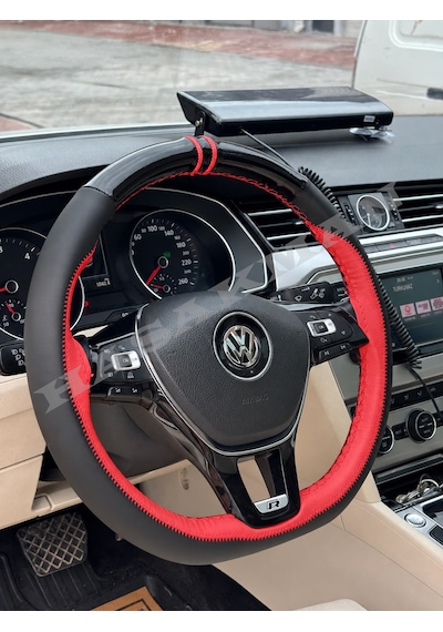 Vw Tiguan Dikme Direksiyon Kılıfı Parlak Siyah Kırmızı Detaylı Kırmızı Çift Yüzük Ve Dikiş 2016-2020