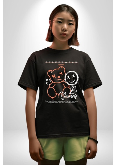 Yükseliş İçin Kendin Ol Pamuklu Bisiklet Yaka Unisex Oversize Boyfriend Dijital Baskılı Siyah T-shirt Siyah