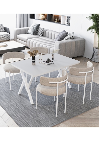 Avvio Beyaz Teddy Sandalye 80x120 Yemek Masası Mutfak Masası 4 Kişilik Masa Sandalye Takımı Beyaz