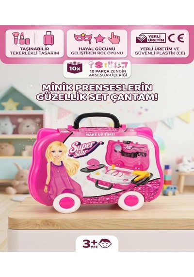 Super Star Tekerlekli Kuaför Ve Güzellik Seti, 10 Parça, Pembe, 3+ Yaş