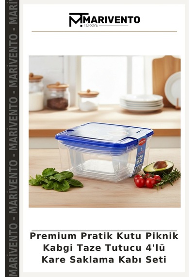 Premium Pratik Kutu Piknik Kabgi Taze Tutucu 4'lü Kare Saklama Kabı Seti Çok Renkli