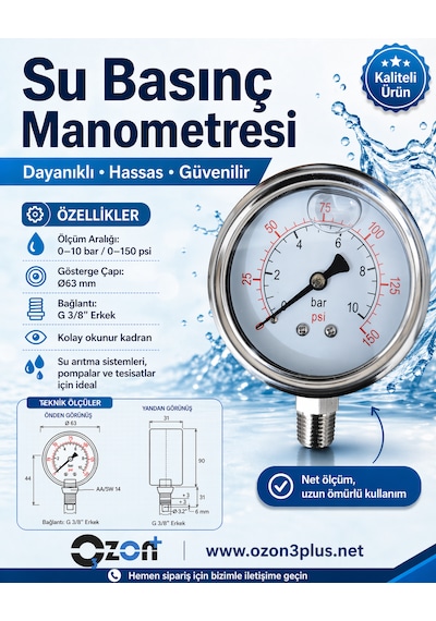 Ozon Plus Manometre 0-10 Basınç Ölçer - Basınç Göstergesi