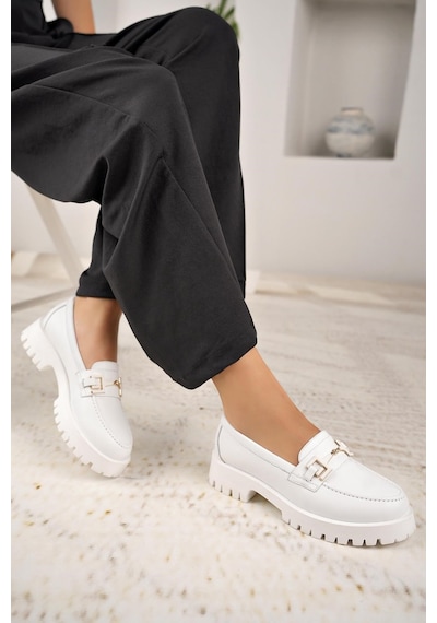 Nesilshoes Nesil Shoes Diva 2854 Beyaz Hakiki Deri Tokalı Kadın Ayakkabı