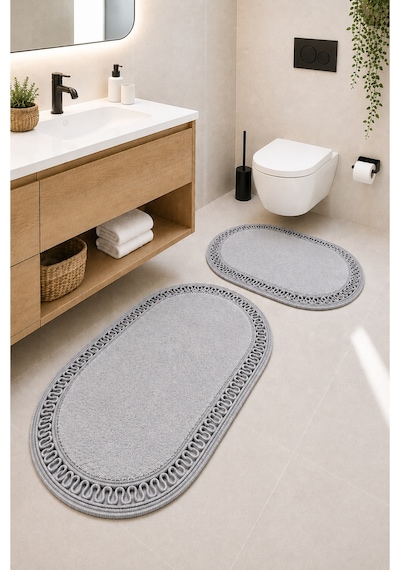 El Yapımı Bohem Banyo Paspası 2'li Pelüş Kaymaz Jel Taban 40x60 Cm Ve 60x100 Cm Gri