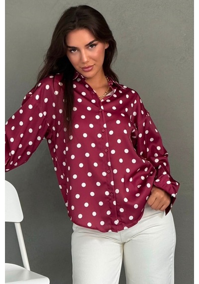 Madmext Bordo Puantiyeli Saten Kadın Gömlek Mg2869