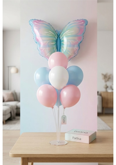 Pembe Mavi Kelebek Balon Stand Seti Şeffaf 7 Li Stand + Pembe Mavi Kelebek Folyo Balon 82 52 Cm + 7 Lateks Balon Pembe - Mavi