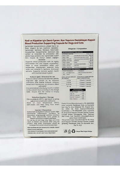 Anemia Capsule 30 Kapsül Kedi Ve Köpekler İçin Demir İçeren Kan Yapımını Destekleyici Takviye