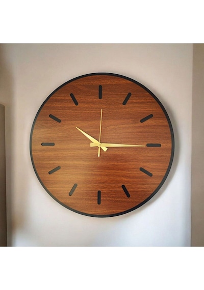 Ahşap Ceviz Renk Sade Sayılı Hediyelik Sessiz Duvar Saati 50cm Kahverengi