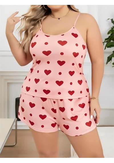 Gizers Giyim Büyük Beden Pembe Kalp Desen Pamuklu Şortlu Pijama Takımı