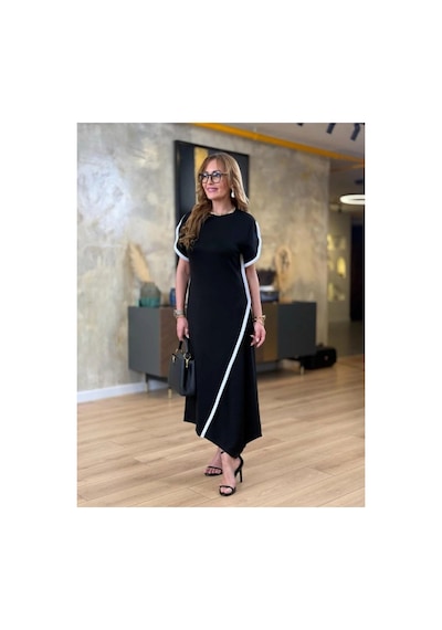 Butik İstanbul Kadın Kısa Kollu Bisiklet Yaka Çift Şerit Renk Detaylı Asimetrik Kesim Viskon Iki Iplik Elbise Siyah