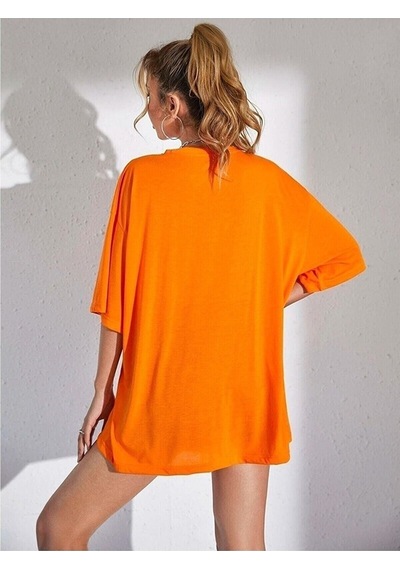 Minimal Kalp T-shirt - Turuncu Baskılı Oversize Bisiklet Yaka Kısa Kol Tişört Turuncu
