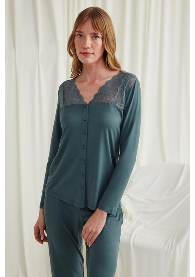 Monamise Kadın Yakası Omzu Ve Paçası Dantelli Boydan Düğmeli Pijama Takımı 18537-yeşil Yeşil