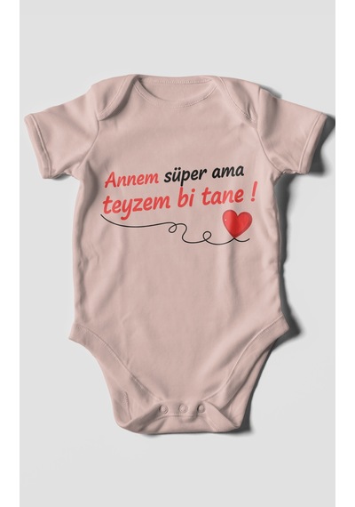 Annem Süper Ama Teyzem Bi Tane Baskılı Bebek Zıbını Çıtçıtlı Body 8 Renk %100 Pamuk Kısa Kol Pastel Pembe