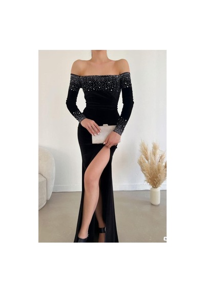 DefyModa Kadın Özel Tasarım Esnek Kadife Kumaş Yırtmaçlı Uzun Kollu Abiye Elbise Siyah