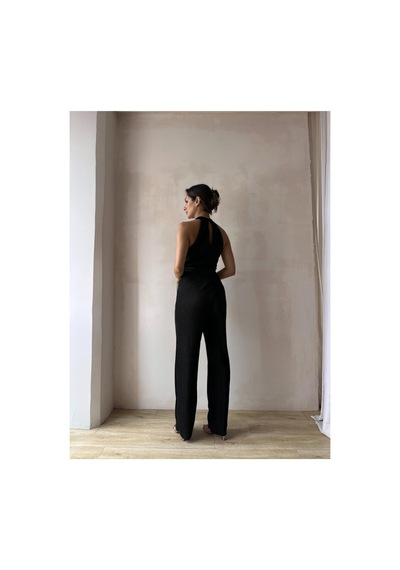 Rabia Çelik Kadın Siyah Halter Yaka Pilli Tulum Siyah Siyah
