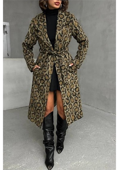 Neşeli Butik Kadın Leopar Desenli İthal Kaşe Kaban Nbg054 Çok Renkli