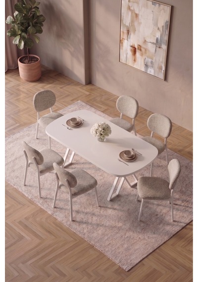 Hooli 90x168 Beyaz Mdf Masa, Metal X Ayak, Metal Sandalye, 6 Kişilik Mutfak Masası Takımı Ve Yemek Masası Takımı Krem Hooli 90x168 Beyaz Mdf Masa, Metal X Ayak, Metal Sandalye, 6 Kişilik Mutfak Masası Takımı Ve Yemek Masası Takımı Krem