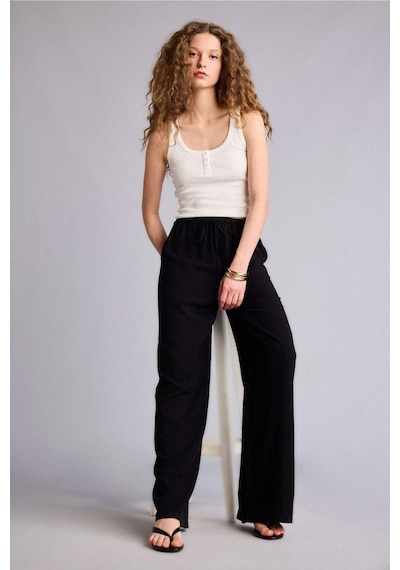 Defacto Wıde Leg Cepli Yüksek Bel Standart Boy Keten Karışımlı Pantolon F5024ax26smbk27 Siyah-bk27
