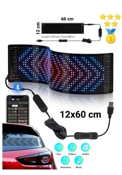 Serreha Matrix Led Panel Cama Yapışan Yazı Yazan Telefon Kontrollü Led Ekran Led Sayısı:16 96 Uzunluk 12x60cm Çok Renkli