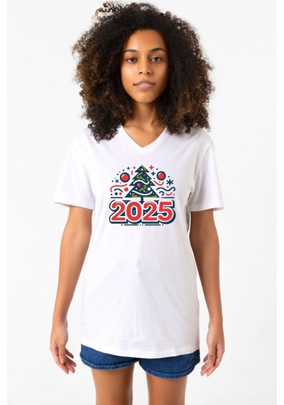 Happy New Year 2025 Essential Beyaz Kadın V Yaka Tshirt Beyaz