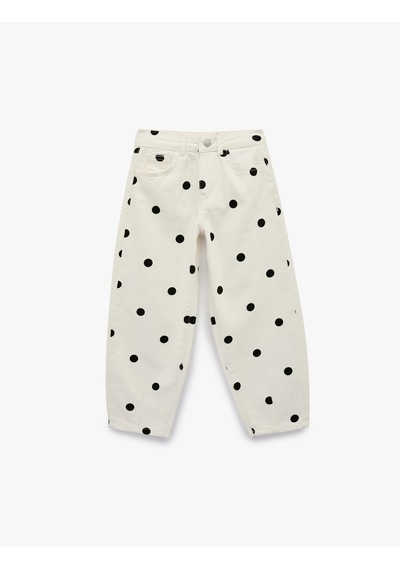 Koton Yüksek Bel Pamuklu Puantiyeli Balon Form Denim Pantolon Ekru Desenli 7wkg40023ad