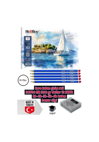 Kara Kalem Çizim Seti 30x40 Cm A3 300 Gr Defter 12 Sayfa Hb-2b-3b-5b-6b Kalem Hamur Silgi Herboy Çok Renkli
