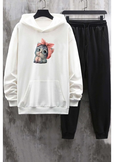 Uyguntarz Unisex Sevimli Kedi Eşofman Takımı Beyaz